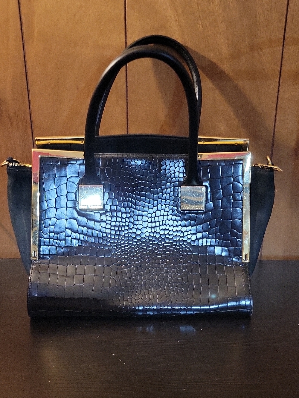 Ted Baker Structured Black Croc-Embossed Satchel with Gold Trim